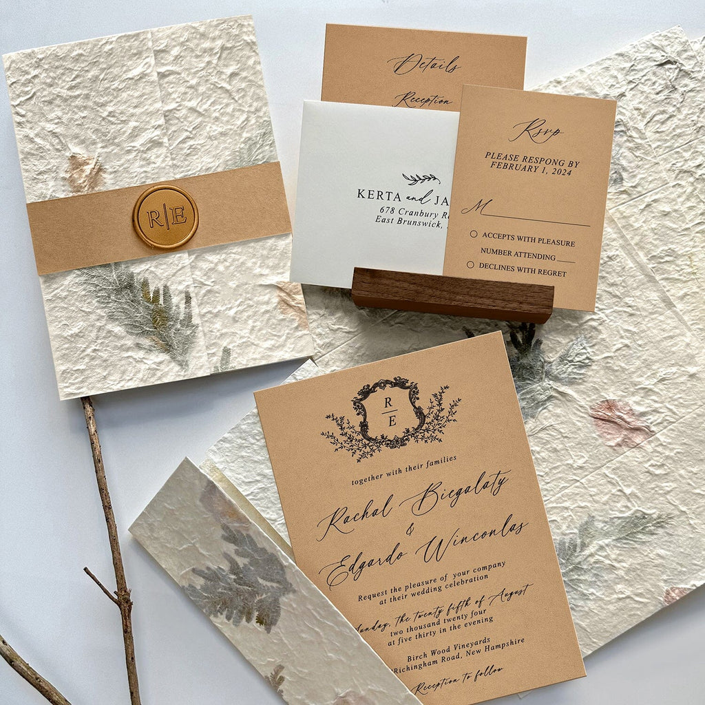 Botanical and Kraft Wedding Invitation Suite, Rustic Petal and Leaf Handmade Wrap Invites, Romantic Forest Wedding Invitations Wedding Ceremony Supplies Picky Bride 