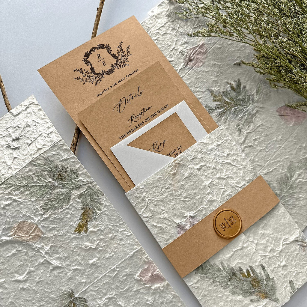 Botanical and Kraft Wedding Invitation Suite, Rustic Petal and Leaf Handmade Wrap Invites, Romantic Forest Wedding Invitations Wedding Ceremony Supplies Picky Bride 