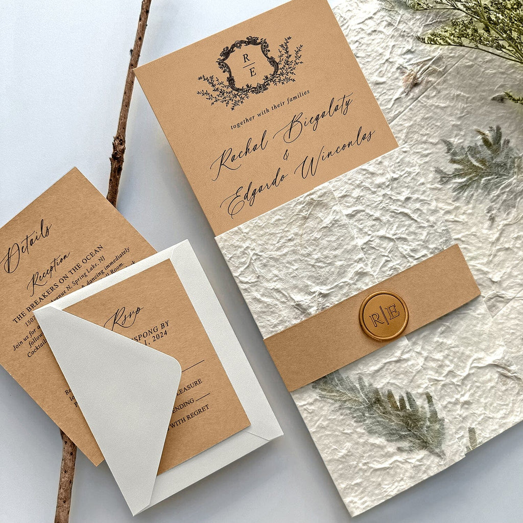 Botanical and Kraft Wedding Invitation Suite, Rustic Petal and Leaf Handmade Wrap Invites, Romantic Forest Wedding Invitations Wedding Ceremony Supplies Picky Bride 