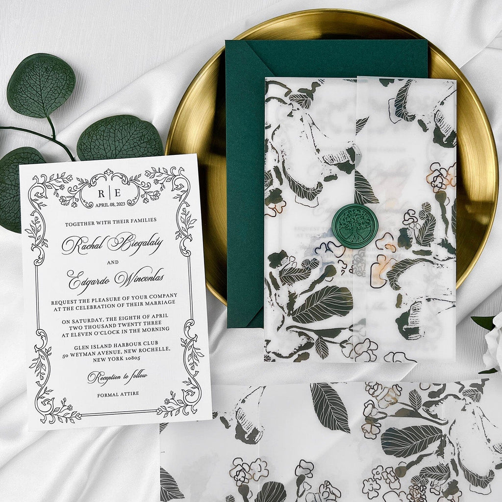 Botanical Green Wedding Invitations, Rustic Greenery Printed Vellum Jacket Invites, Customized Forest Wedding Invitation Wedding Ceremony Supplies Picky Bride 