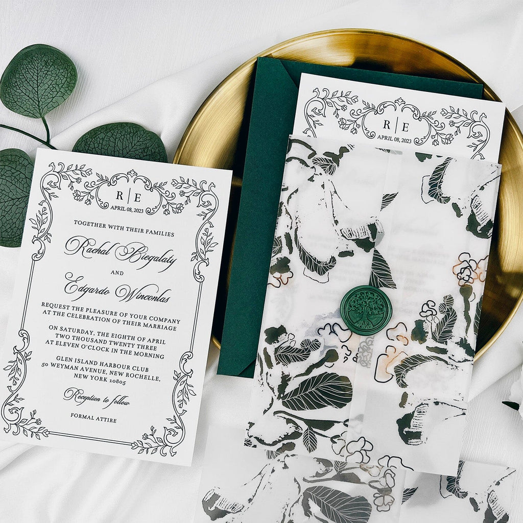 Botanical Green Wedding Invitations, Rustic Greenery Printed Vellum Jacket Invites, Customized Forest Wedding Invitation Wedding Ceremony Supplies Picky Bride 