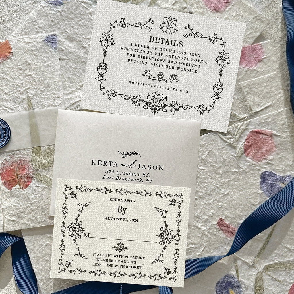 Botanical Handmade Paper Wedding Invitations, Romantic Real Petal Invites with Custom Navy Wax Seal, Floral Wedding Invitation with Matching Cards Wedding Ceremony Supplies Picky Bride 