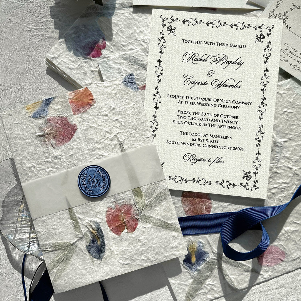 Botanical Handmade Paper Wedding Invitations, Romantic Real Petal Invites with Custom Navy Wax Seal, Floral Wedding Invitation with Matching Cards Wedding Ceremony Supplies Picky Bride 