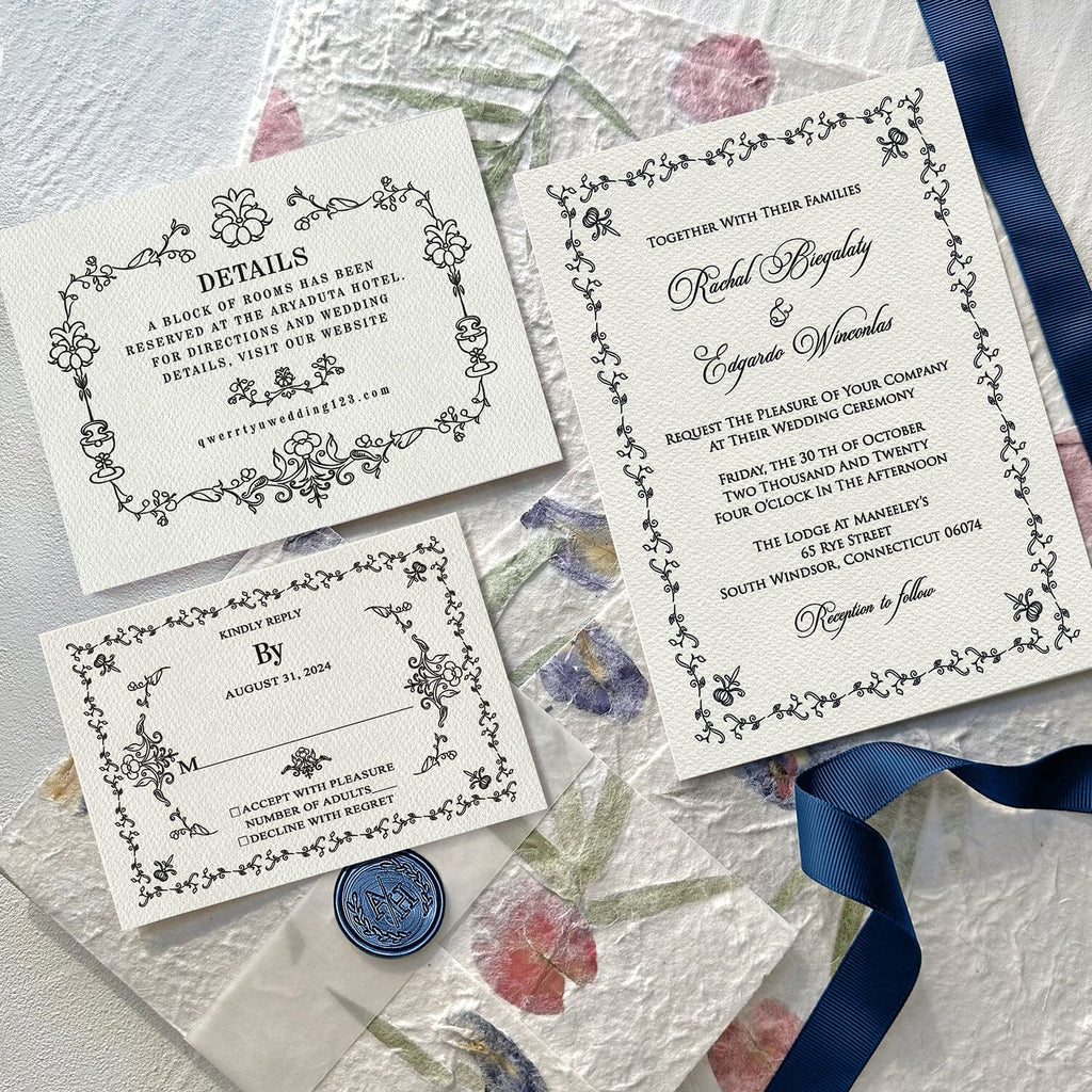 Botanical Handmade Paper Wedding Invitations, Romantic Real Petal Invites with Custom Navy Wax Seal, Floral Wedding Invitation with Matching Cards Wedding Ceremony Supplies Picky Bride 