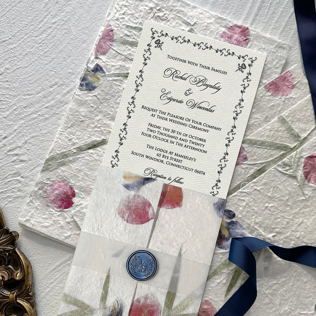 Botanical Handmade Paper Wedding Invitations, Romantic Real Petal Invites with Custom Navy Wax Seal, Floral Wedding Invitation with Matching Cards Wedding Ceremony Supplies Picky Bride 