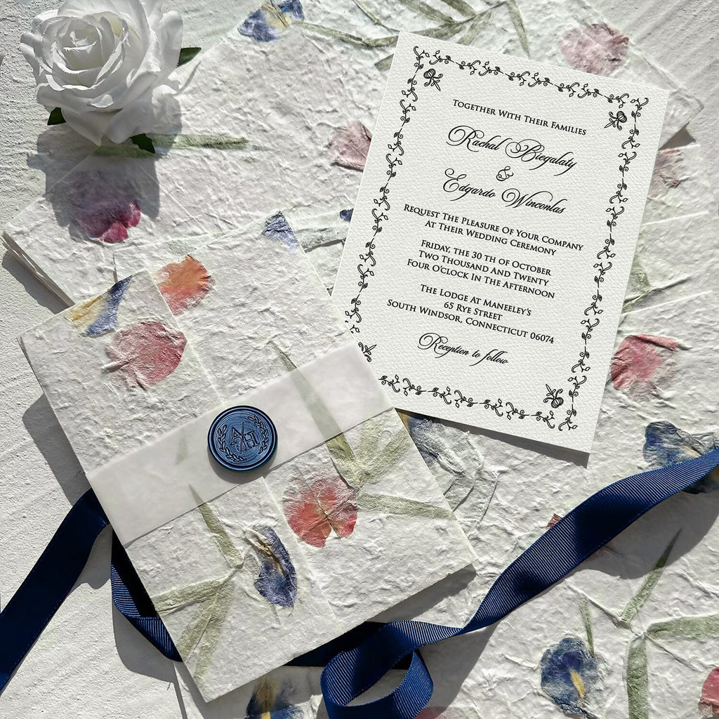 Botanical Handmade Paper Wedding Invitations, Romantic Real Petal Invites with Custom Navy Wax Seal, Floral Wedding Invitation with Matching Cards Wedding Ceremony Supplies Picky Bride 