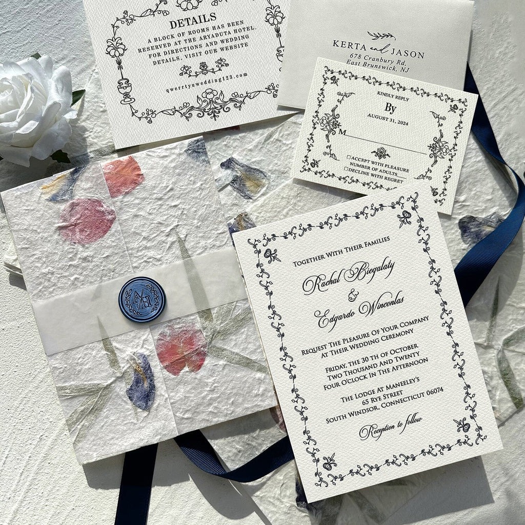 Botanical Handmade Paper Wedding Invitations, Romantic Real Petal Invites with Custom Navy Wax Seal, Floral Wedding Invitation with Matching Cards Wedding Ceremony Supplies Picky Bride 