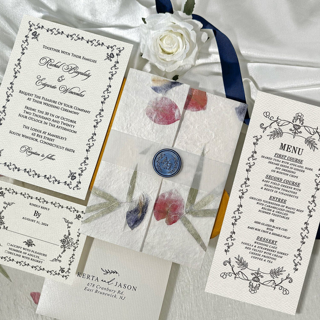 Botanical Handmade Paper Wedding Invitations, Romantic Real Petal Invites with Custom Navy Wax Seal, Floral Wedding Invitation with Matching Cards Wedding Ceremony Supplies Picky Bride 