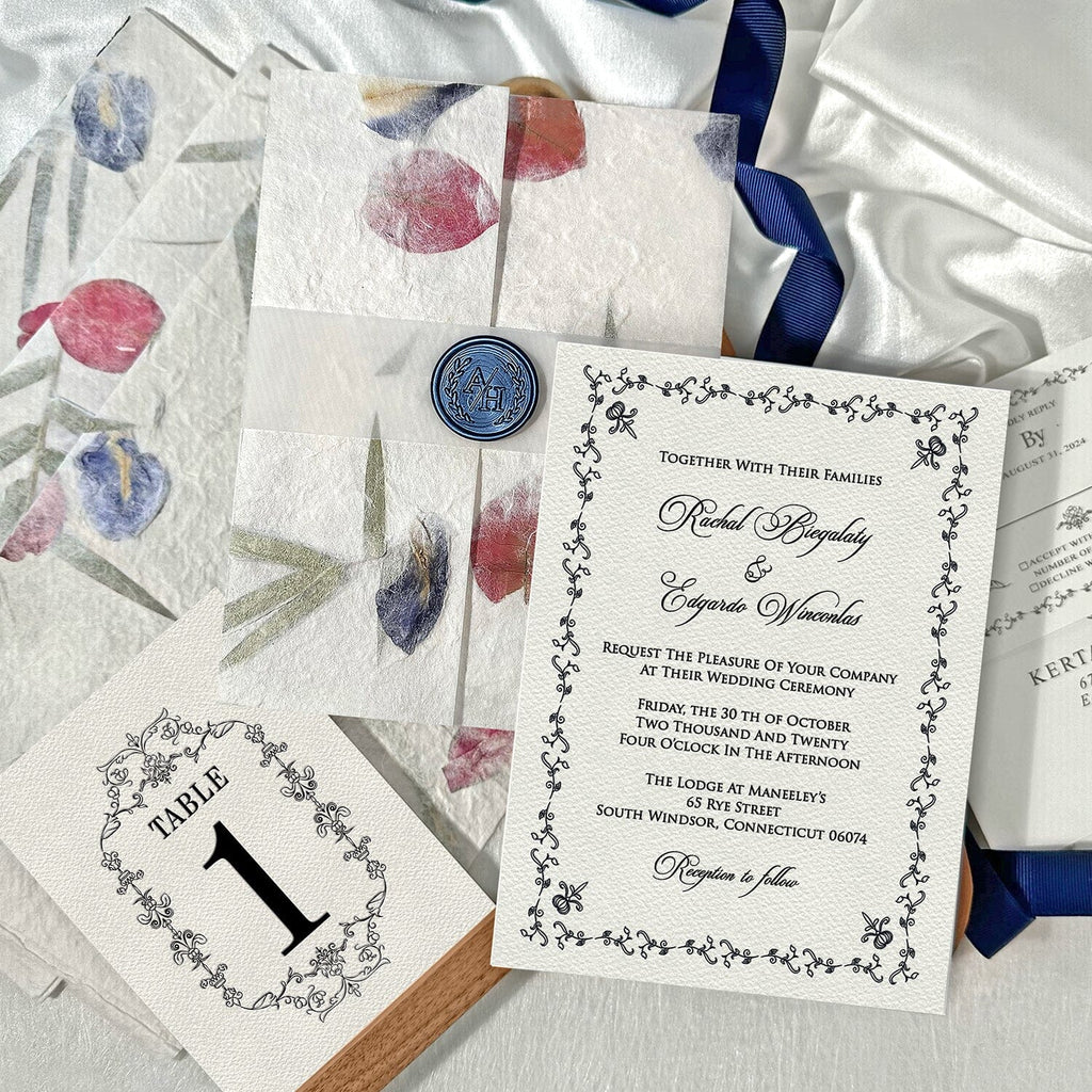 Botanical Handmade Paper Wedding Invitations, Romantic Real Petal Invites with Custom Navy Wax Seal, Floral Wedding Invitation with Matching Cards Wedding Ceremony Supplies Picky Bride 