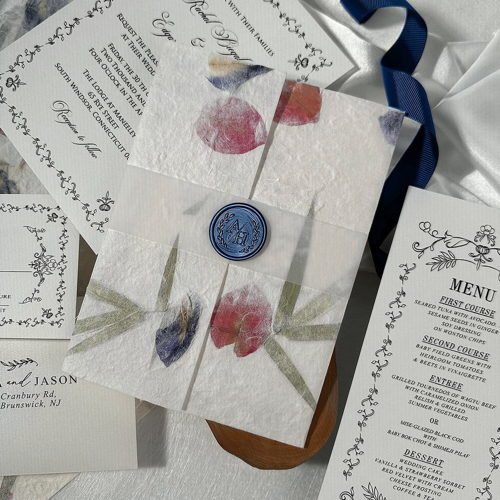 Botanical Handmade Paper Wedding Invitations, Romantic Real Petal Invites with Custom Navy Wax Seal, Floral Wedding Invitation with Matching Cards Wedding Ceremony Supplies Picky Bride 