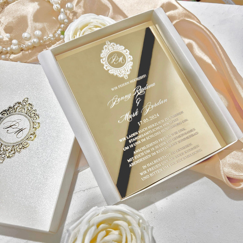 Boxed Gold Mirror Wedding Invitations and Foiled RSVP Cards, Acrylic Wedding Invite in Gold Foil Box, Personalized Wedding logo Wedding Ceremony Supplies Picky Bride 