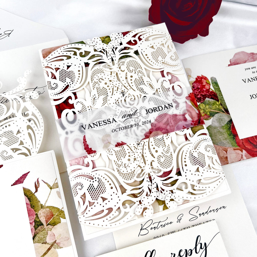 Burgundy Floral and Lace Laser Cut Wedding Invitation, Romantic Roses Frame Wedding Invites, Elegant Gatefold Invitations with Customized Vellum Belly Band Wedding Ceremony Supplies Picky Bride 