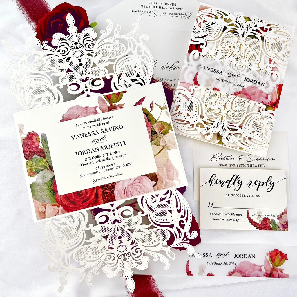 Burgundy Floral and Lace Laser Cut Wedding Invitation, Romantic Roses Frame Wedding Invites, Elegant Gatefold Invitations with Customized Vellum Belly Band Wedding Ceremony Supplies Picky Bride 