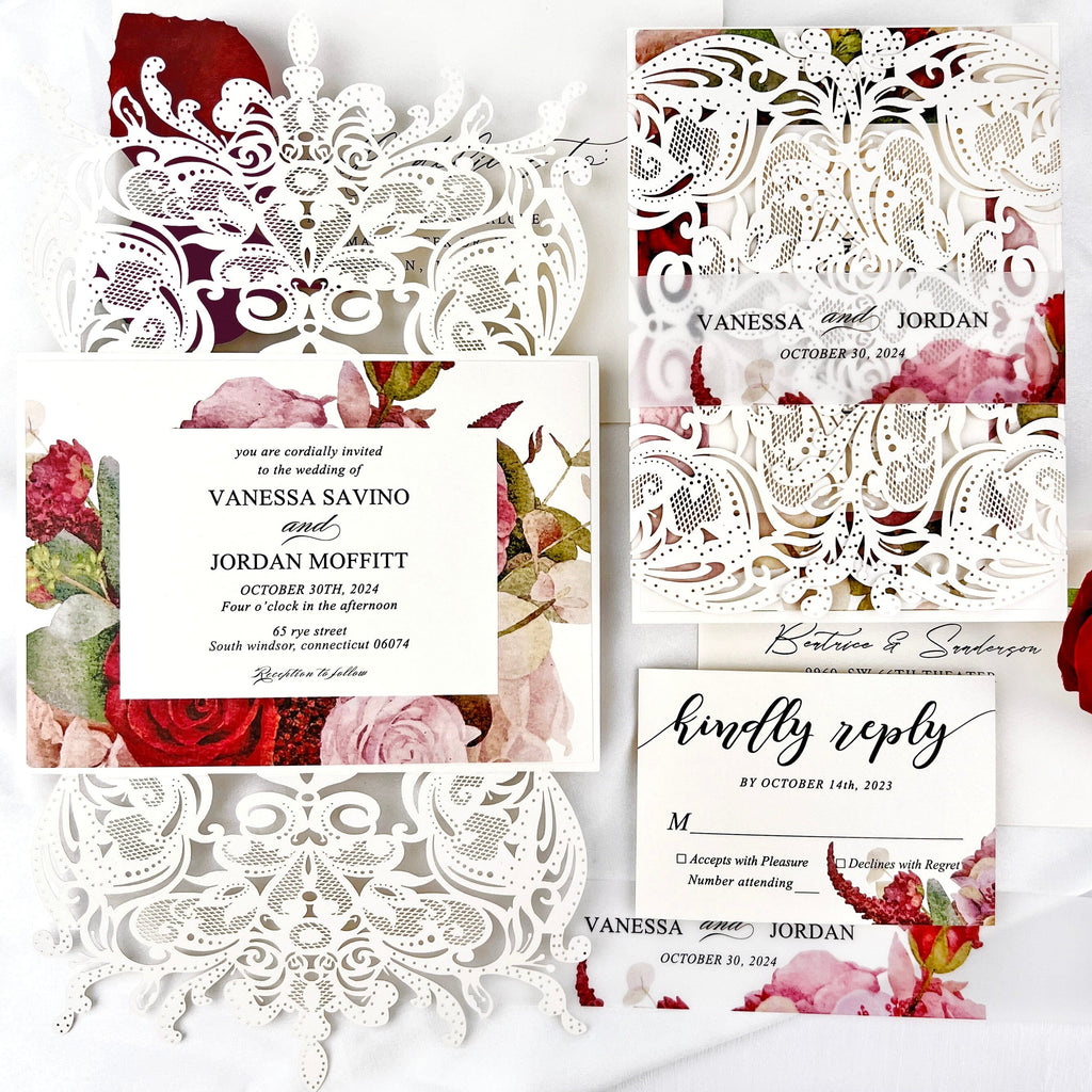 Burgundy Floral and Lace Laser Cut Wedding Invitation, Romantic Roses Frame Wedding Invites, Elegant Gatefold Invitations with Customized Vellum Belly Band Wedding Ceremony Supplies Picky Bride 