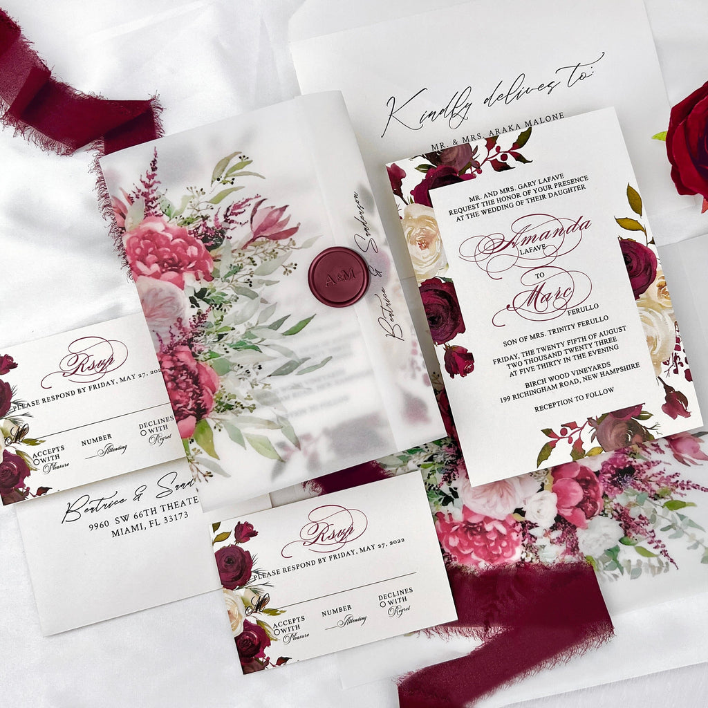 Burgundy Floral Vellum Jacket Wedding Invitation Suite, Romantic Roses Frame Wedding Invitations, Vellum Wrap Invites with Personalized Wax Seal Wedding Ceremony Supplies Picky Bride 