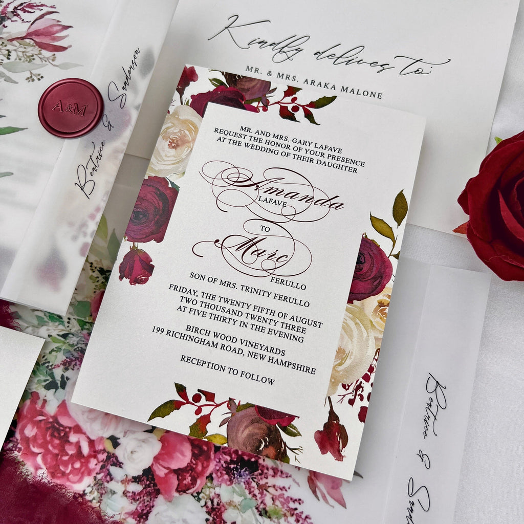 Burgundy Floral Vellum Jacket Wedding Invitation Suite, Romantic Roses Frame Wedding Invitations, Vellum Wrap Invites with Personalized Wax Seal Wedding Ceremony Supplies Picky Bride 