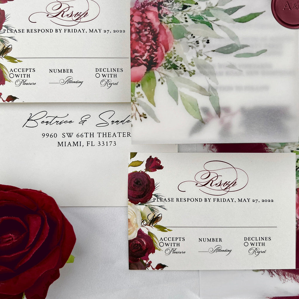 Burgundy Floral Vellum Jacket Wedding Invitation Suite, Romantic Roses Frame Wedding Invitations, Vellum Wrap Invites with Personalized Wax Seal Wedding Ceremony Supplies Picky Bride 