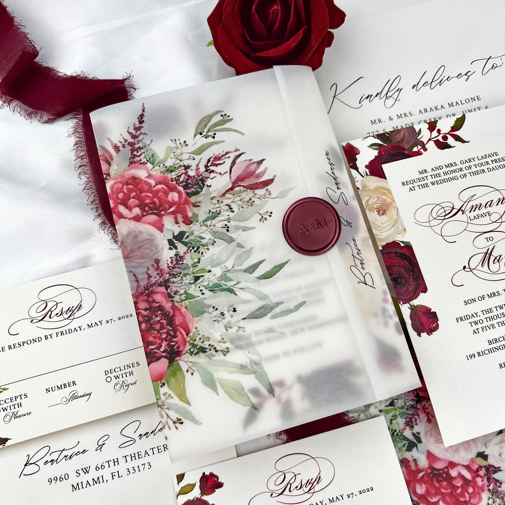 Burgundy Floral Vellum Jacket Wedding Invitation Suite, Romantic Roses Frame Wedding Invitations, Vellum Wrap Invites with Personalized Wax Seal Wedding Ceremony Supplies Picky Bride 