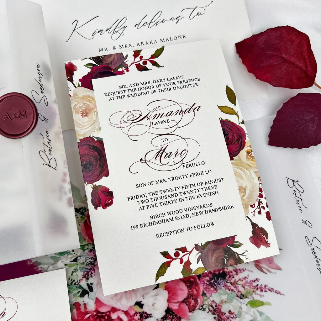 Burgundy Floral Vellum Jacket Wedding Invitation Suite, Romantic Roses Frame Wedding Invitations, Vellum Wrap Invites with Personalized Wax Seal Wedding Ceremony Supplies Picky Bride 