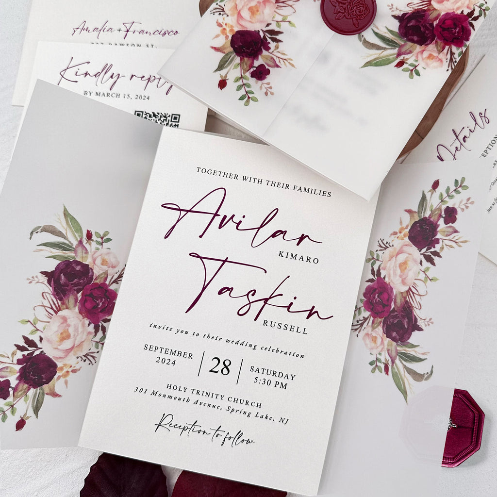 Burgundy Floral Vellum Wrap Wedding Invitation Set with Rose Wax Seals Picky Bride 