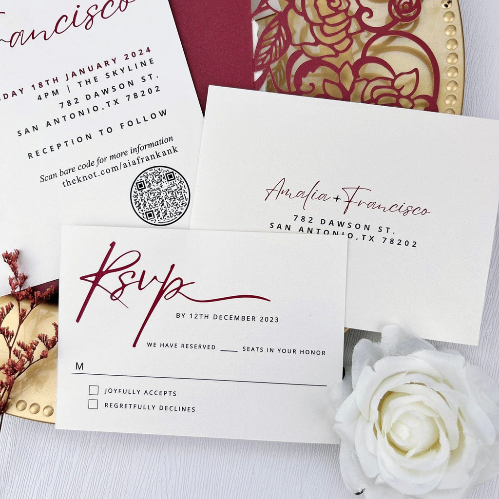 Burgundy Rose Wedding Invitations, 5x7 Laser Cut Invites, Modern QR Code Invitation Card Wedding Ceremony Supplies Picky Bride 