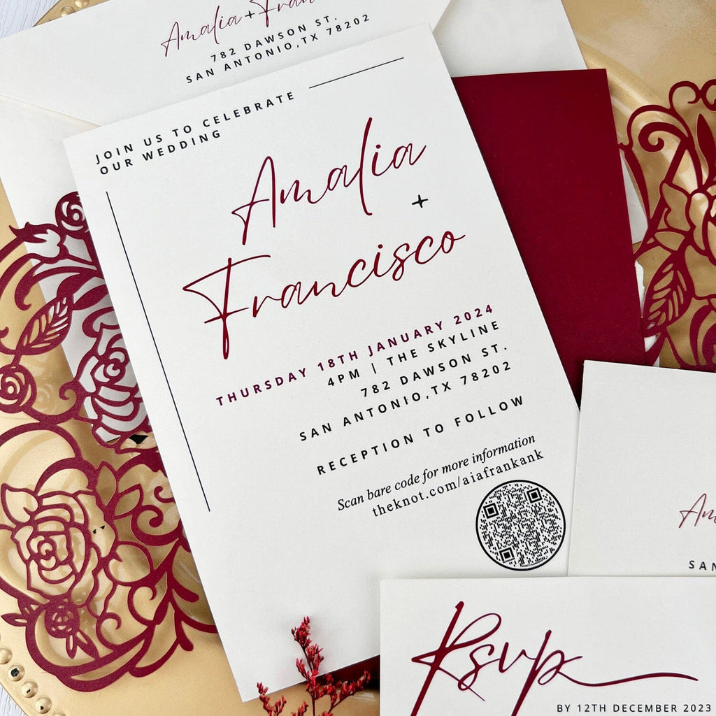 Burgundy Rose Wedding Invitations, 5x7 Laser Cut Invites, Modern QR Code Invitation Card Wedding Ceremony Supplies Picky Bride 