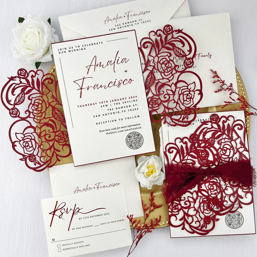 Burgundy Rose Wedding Invitations, 5x7 Laser Cut Invites, Modern QR Code Invitation Card Wedding Ceremony Supplies Picky Bride 