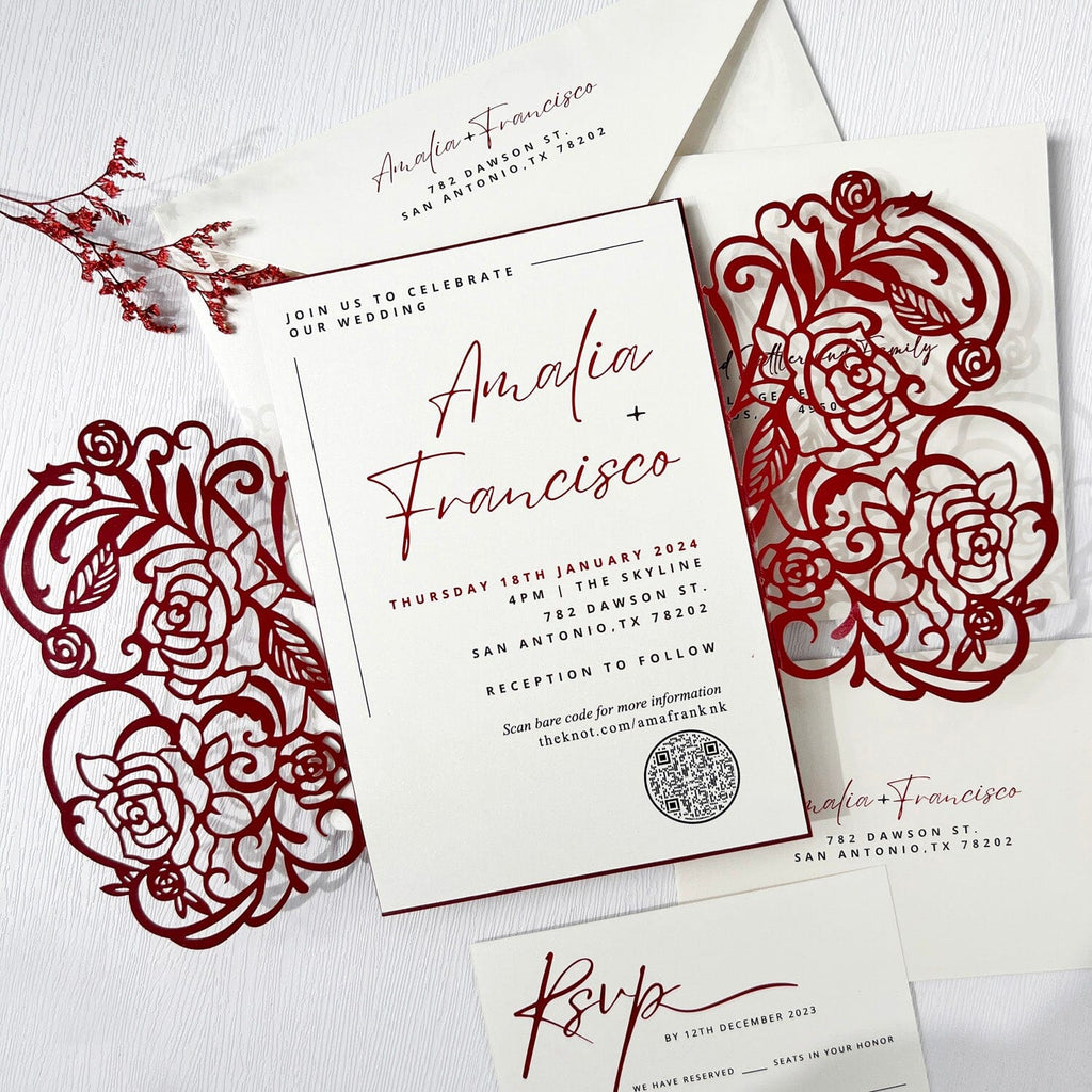 Burgundy Rose Wedding Invitations, 5x7 Laser Cut Invites, Modern QR Code Invitation Card Wedding Ceremony Supplies Picky Bride 