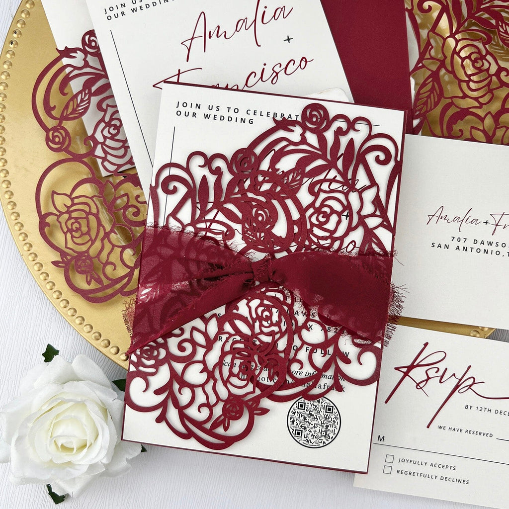 Burgundy Rose Wedding Invitations, 5x7 Laser Cut Invites, Modern QR Code Invitation Card Wedding Ceremony Supplies Picky Bride 