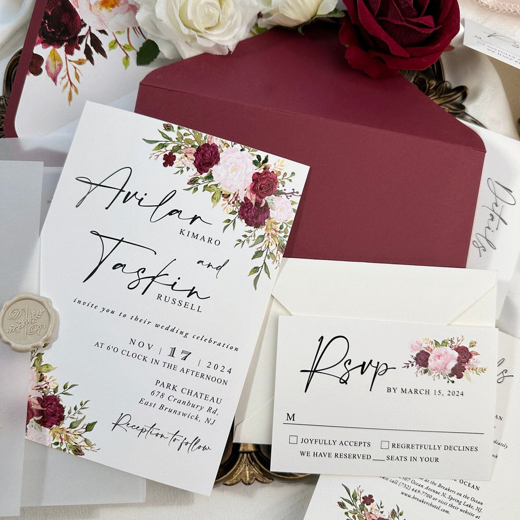 Burgundy Vellum Wedding Invitations Suite, 5x7 White and Blush Floral Invites, Personalized Envelope Address Label, Editable Rose Invitation, Details Cards Picky Bride 