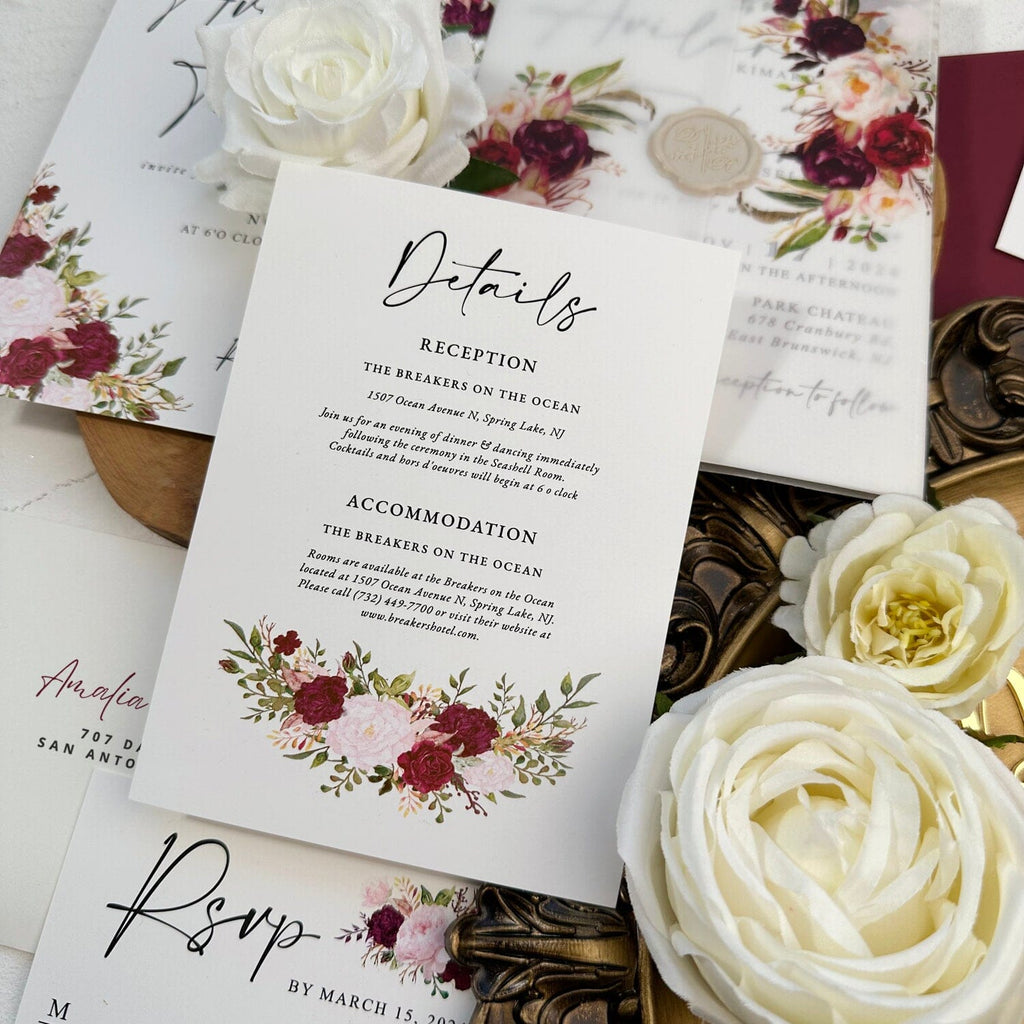 Burgundy Vellum Wedding Invitations Suite, 5x7 White and Blush Floral Invites, Personalized Envelope Address Label, Editable Rose Invitation, Details Cards Picky Bride 