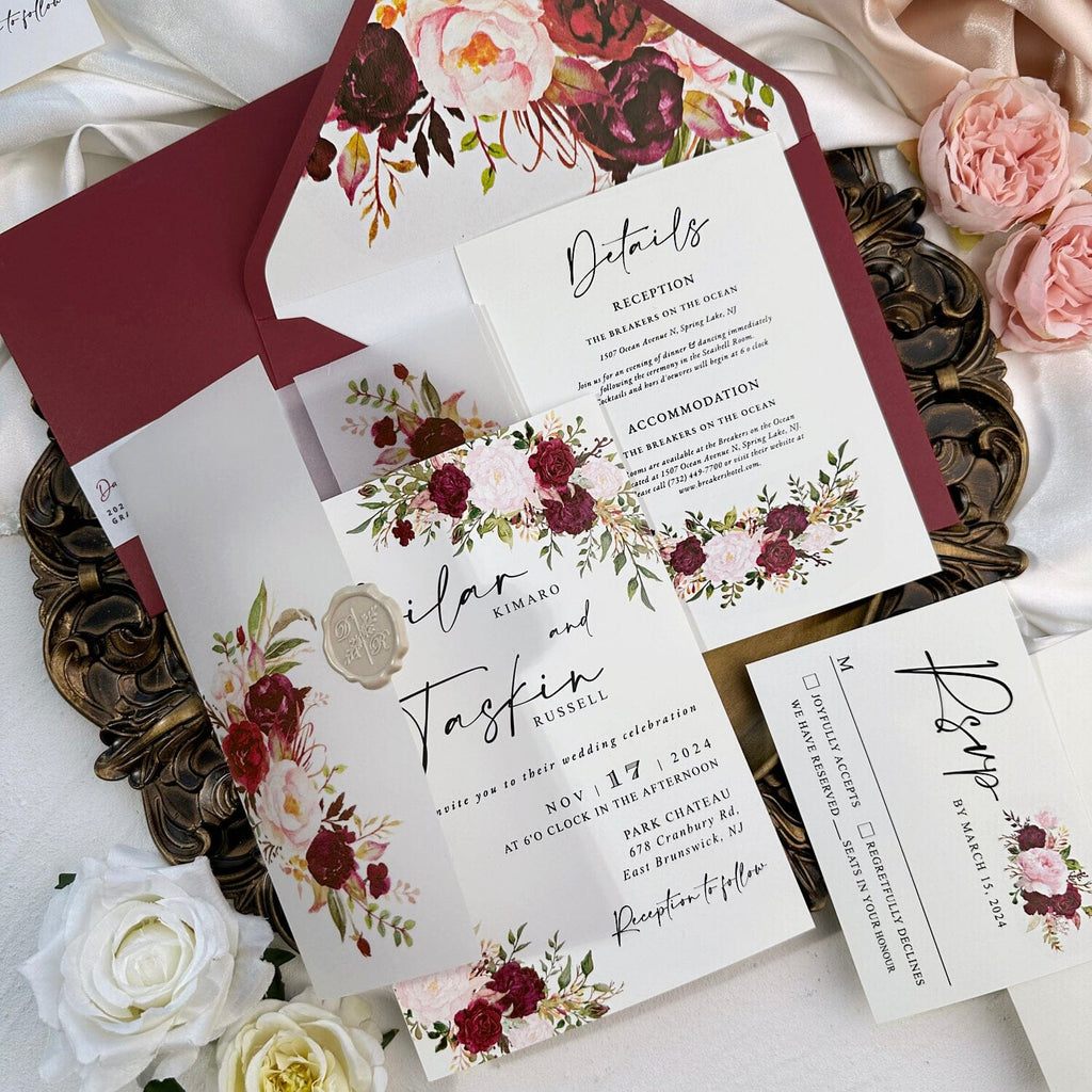 Burgundy Vellum Wedding Invitations Suite, 5x7 White and Blush Floral Invites, Personalized Envelope Address Label, Editable Rose Invitation, Details Cards Picky Bride 