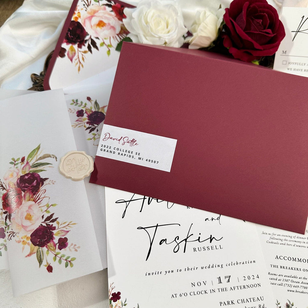 Burgundy Vellum Wedding Invitations Suite, 5x7 White and Blush Floral Invites, Personalized Envelope Address Label, Editable Rose Invitation, Details Cards Picky Bride 