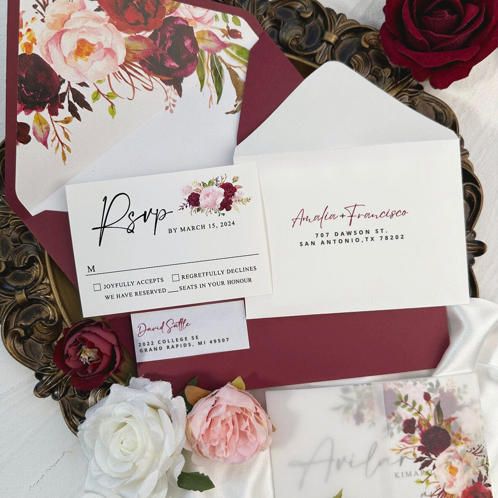 Burgundy Vellum Wedding Invitations Suite, 5x7 White and Blush Floral Invites, Personalized Envelope Address Label, Editable Rose Invitation, Details Cards Picky Bride 