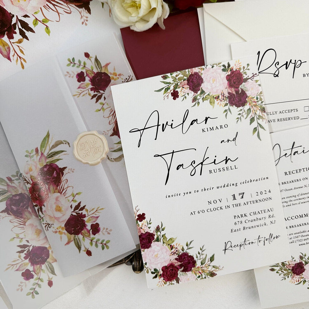 Burgundy Vellum Wedding Invitations Suite, 5x7 White and Blush Floral Invites, Personalized Envelope Address Label, Editable Rose Invitation, Details Cards Picky Bride 