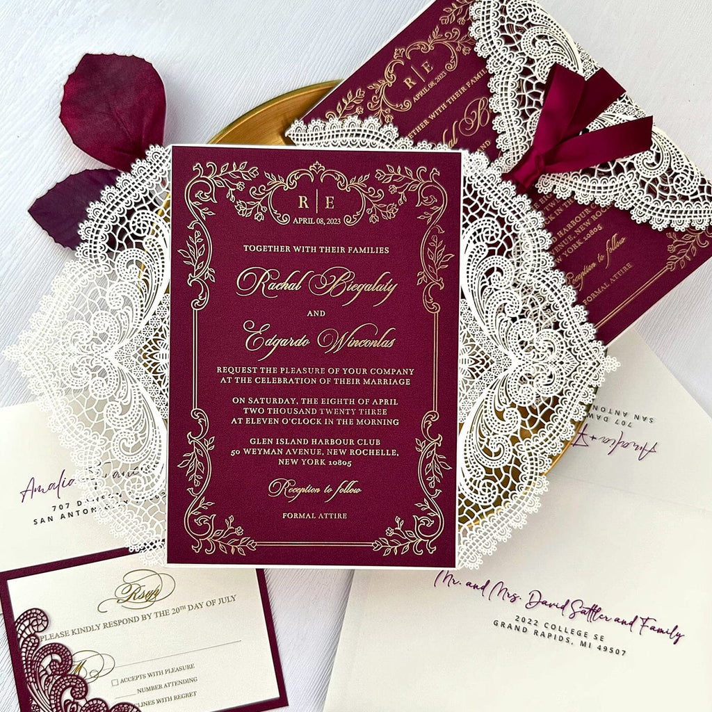 Burgundy Wedding Invitation, Gold Foil Printing Invites and RSVP Cards Wedding Ceremony Supplies Picky Bride 