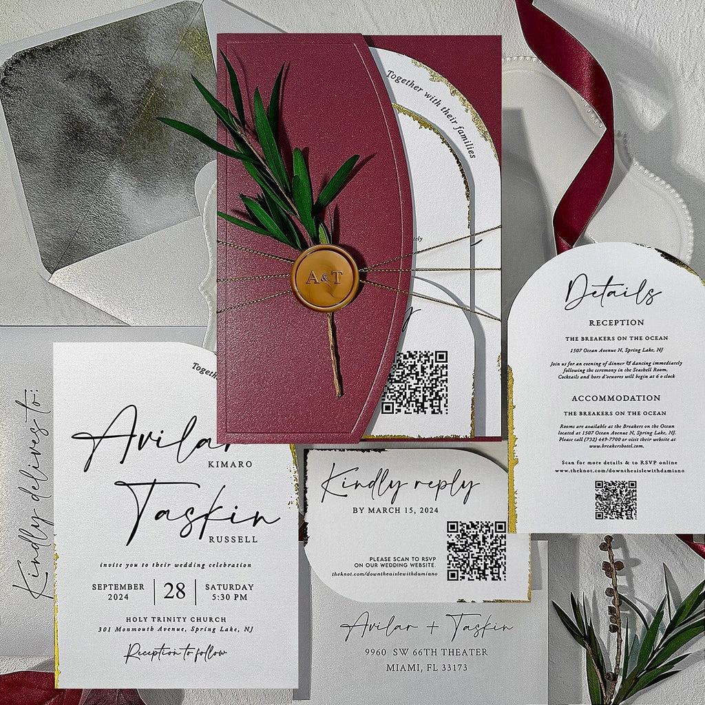 Burgundy Wedding Invitation Set, Arch Reception Invitation and Detail Cards Wedding Ceremony Supplies Picky Bride 