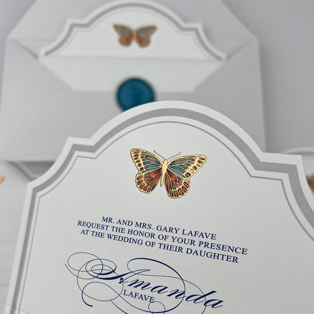 Butterfly Bracket Shaped Wedding Invitations, Romantic Colorful Gold Foil Invites, Elegant Gold and Blue Invitation with Customized Wax Seal Wedding Ceremony Supplies Picky Bride 