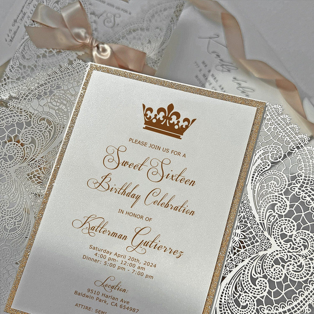 Champagne and Gold Quinceañera Invitation, Princess Crown Birthday Invitation, Tan Ribbons Picky Bride 