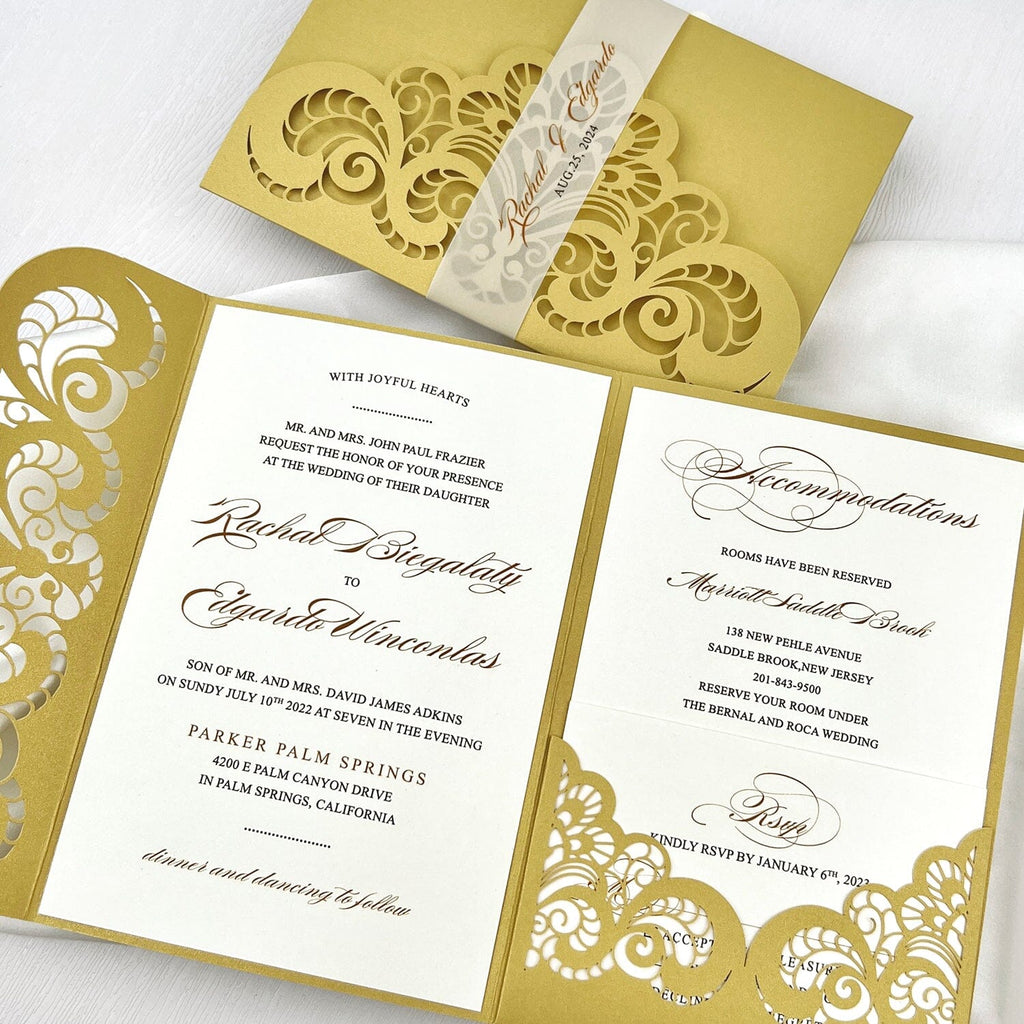 Classic Gold Lace Wedding Invitations, Elegant Yellow and White Laser Cut Invitation, Pocket Invites with Personalized Vellum Belly Band Picky Bride 