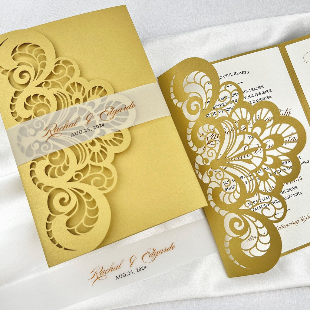 Classic Gold Lace Wedding Invitations, Elegant Yellow and White Laser Cut Invitation, Pocket Invites with Personalized Vellum Belly Band Picky Bride 