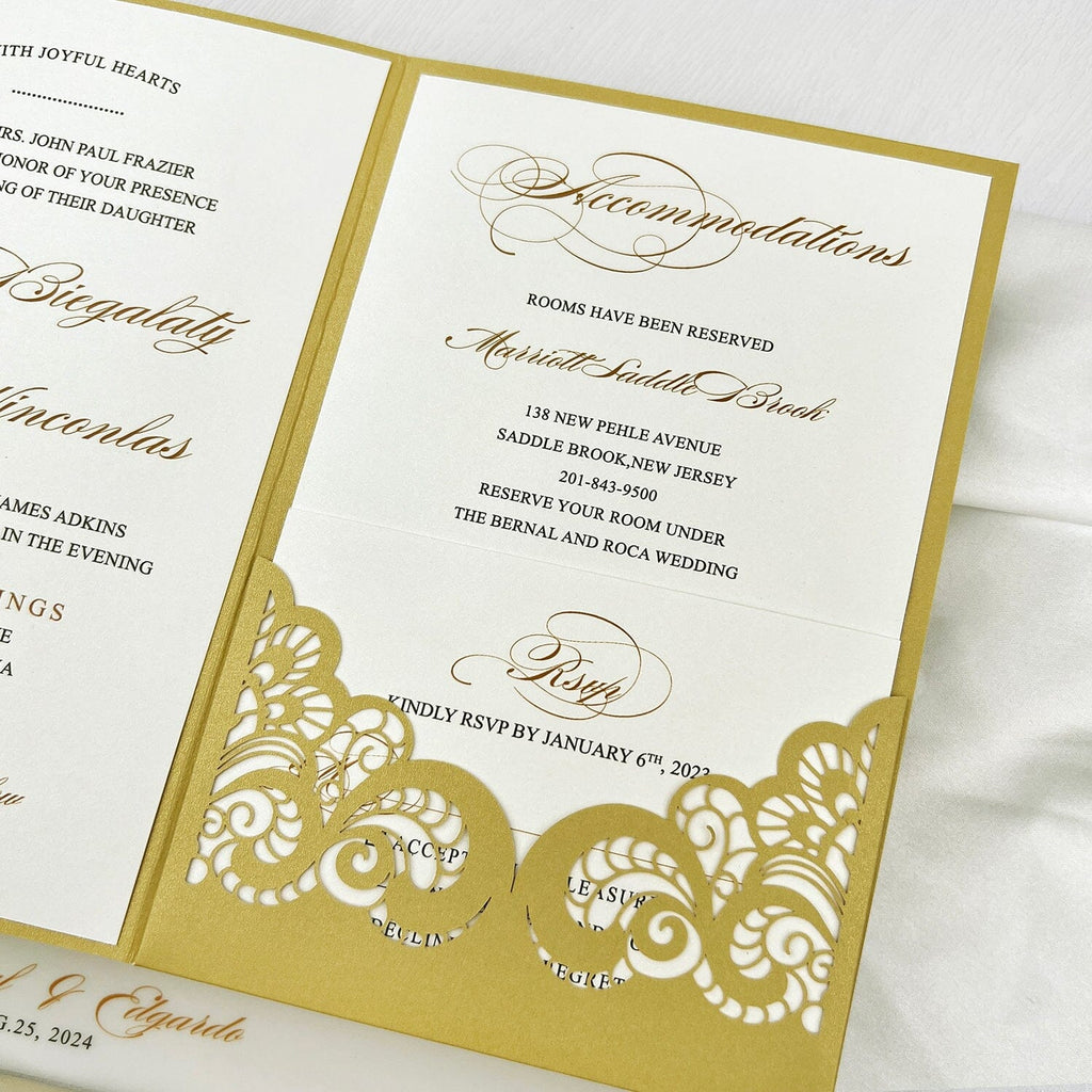 Classic Gold Lace Wedding Invitations, Elegant Yellow and White Laser Cut Invitation, Pocket Invites with Personalized Vellum Belly Band Picky Bride 