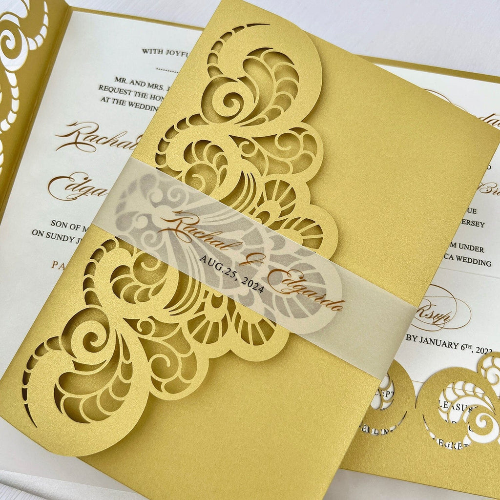 Classic Gold Lace Wedding Invitations, Elegant Yellow and White Laser Cut Invitation, Pocket Invites with Personalized Vellum Belly Band Picky Bride 