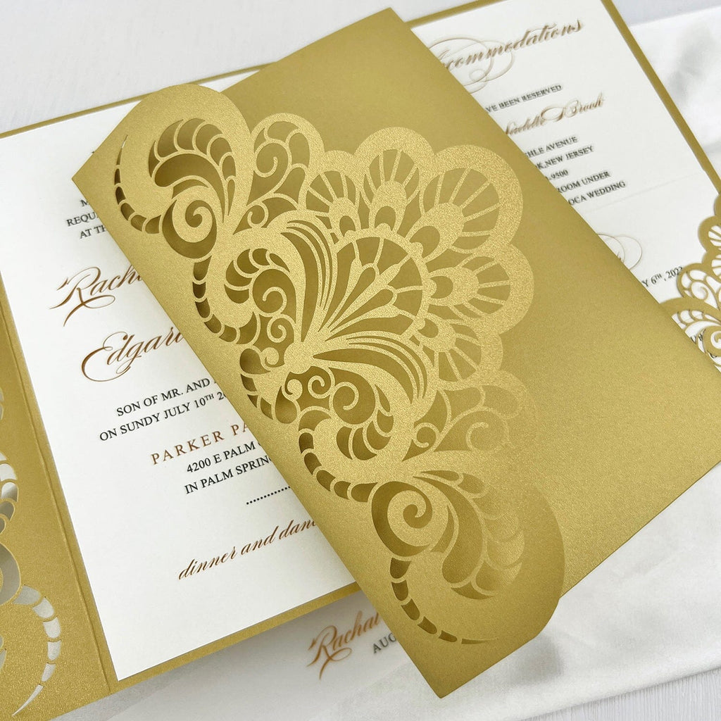 Classic Gold Lace Wedding Invitations, Elegant Yellow and White Laser Cut Invitation, Pocket Invites with Personalized Vellum Belly Band Picky Bride 