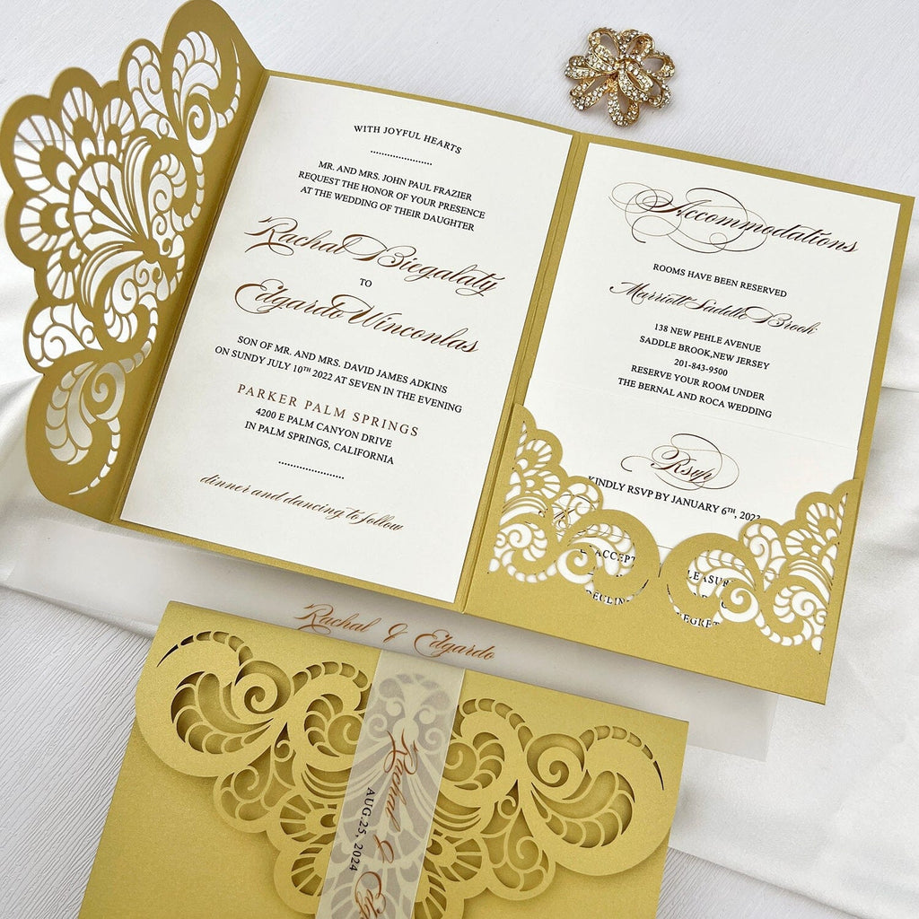 Classic Gold Lace Wedding Invitations, Elegant Yellow and White Laser Cut Invitation, Pocket Invites with Personalized Vellum Belly Band Picky Bride 