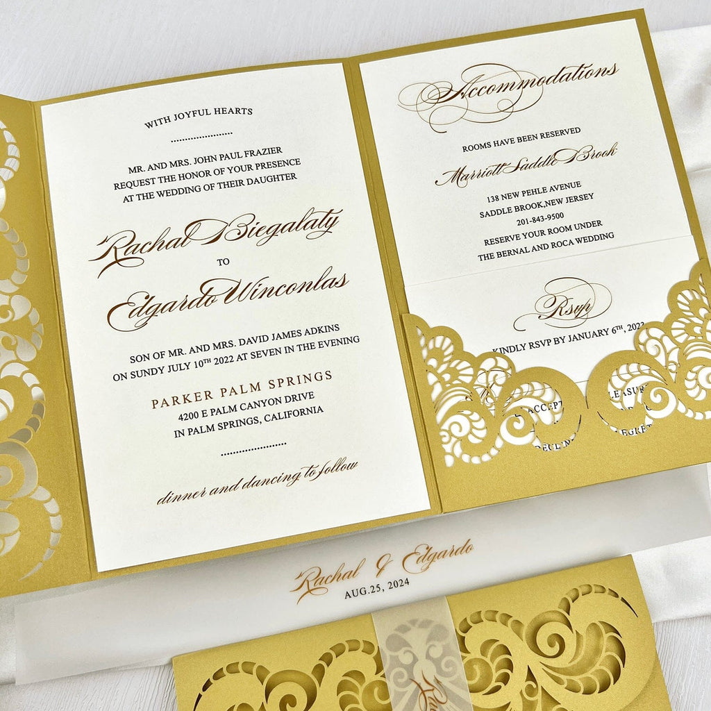 Classic Gold Lace Wedding Invitations, Elegant Yellow and White Laser Cut Invitation, Pocket Invites with Personalized Vellum Belly Band Picky Bride 