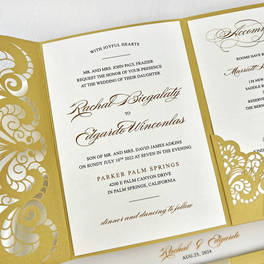 Classic Gold Lace Wedding Invitations, Elegant Yellow and White Laser Cut Invitation, Pocket Invites with Personalized Vellum Belly Band Picky Bride 