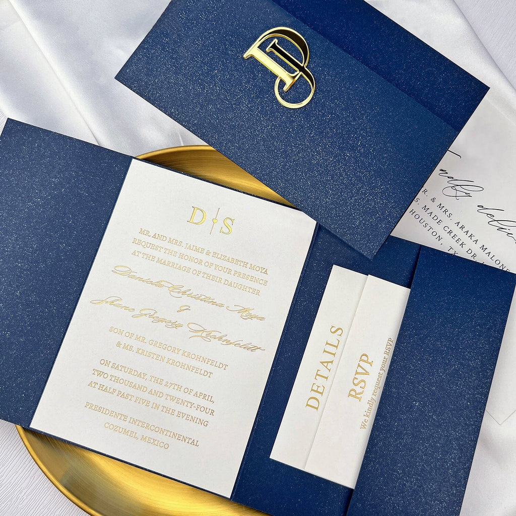 Classic Navy and Gold Trifold Wedding Invitation, Elegant Blue Pocket Invites with Personalized Gold Mirror Logo, Gold Foil Matched RSVP, Detail Cards Wedding Ceremony Supplies Picky Bride 