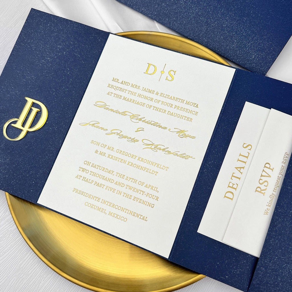 Classic Navy and Gold Trifold Wedding Invitation, Elegant Blue Pocket Invites with Personalized Gold Mirror Logo, Gold Foil Matched RSVP, Detail Cards Wedding Ceremony Supplies Picky Bride 