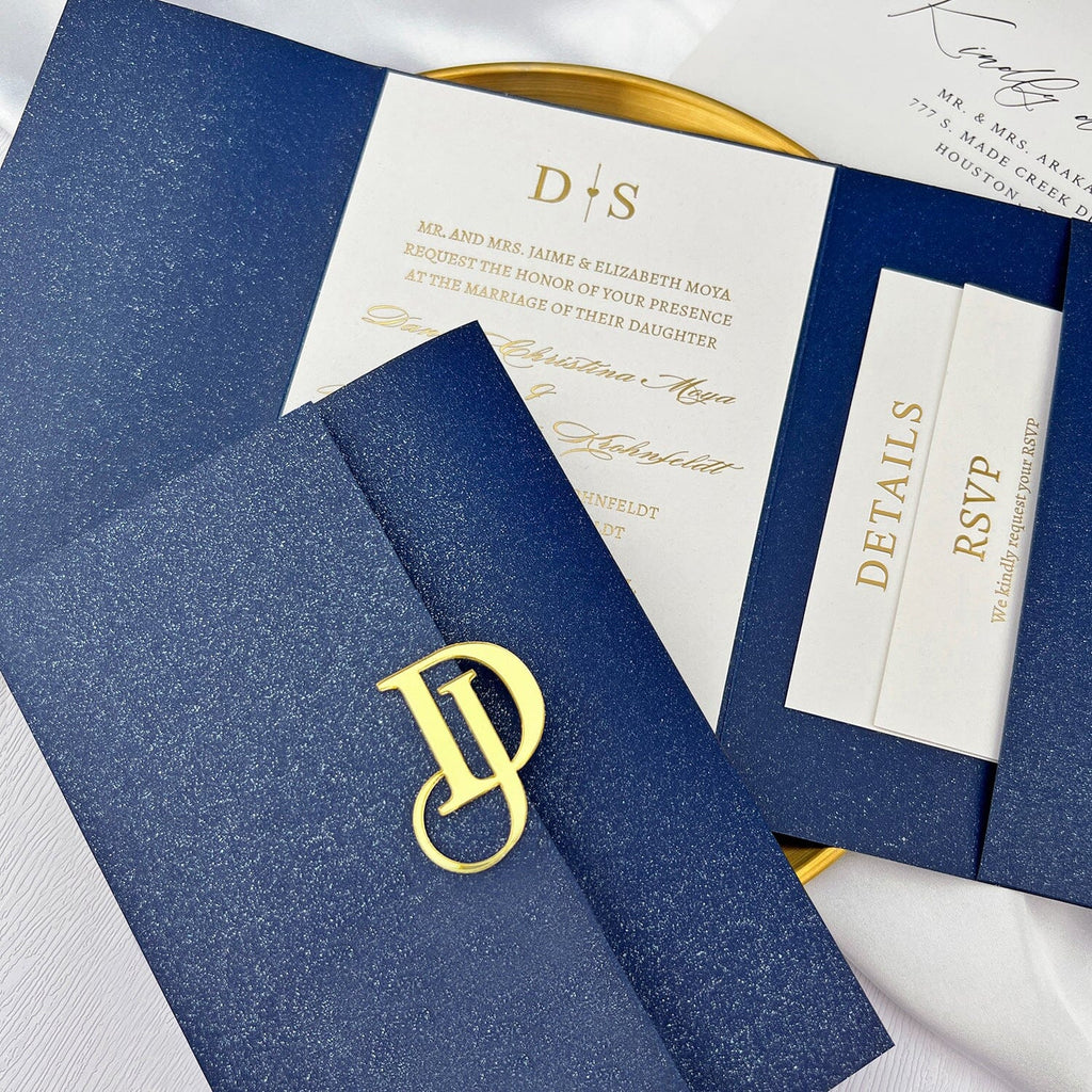 Classic Navy and Gold Trifold Wedding Invitation, Elegant Blue Pocket Invites with Personalized Gold Mirror Logo, Gold Foil Matched RSVP, Detail Cards Wedding Ceremony Supplies Picky Bride 